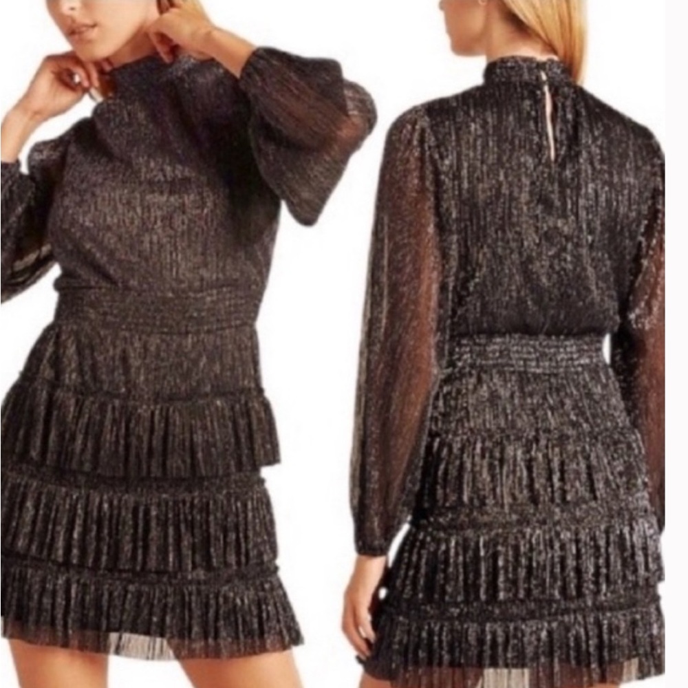1. State Metallic Smocked Dress Mock Neck Tiered Ruffle Black Gold Size XL